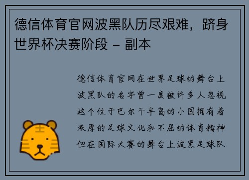 德信体育官网波黑队历尽艰难，跻身世界杯决赛阶段 - 副本